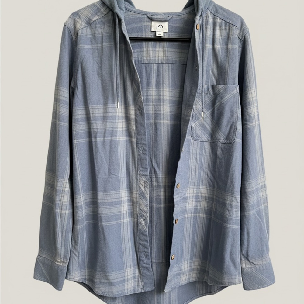 tentree Blue Plaid Button-Down Hooded Shirt